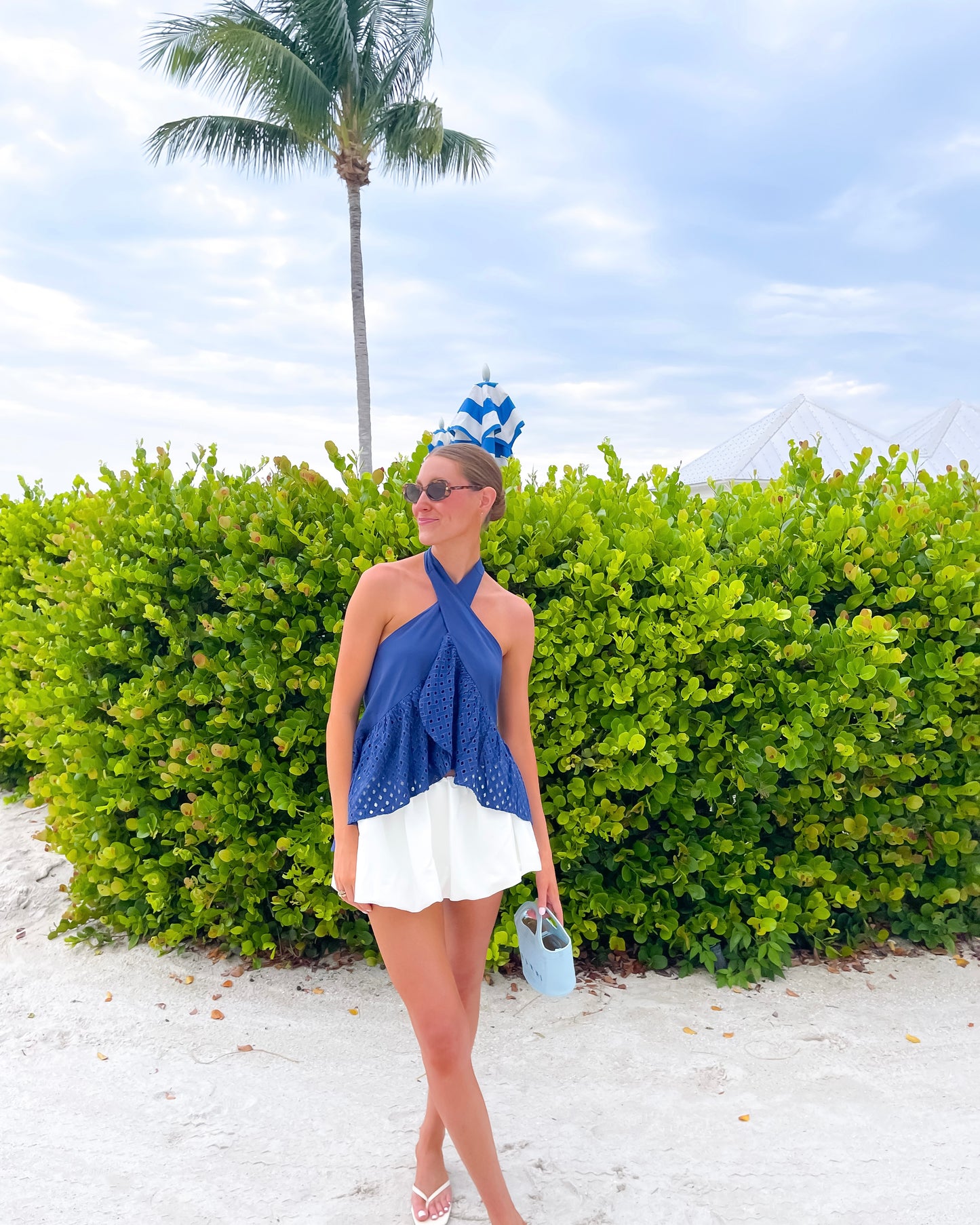 Navy Tide Eyelet Halter TOP