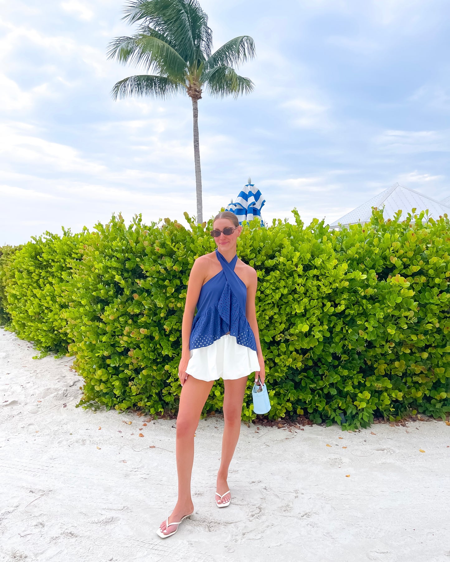 Navy Tide Eyelet Halter TOP