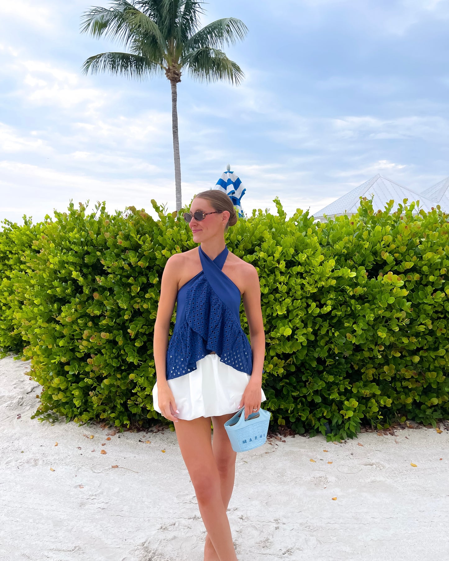 Navy Tide Eyelet Halter TOP