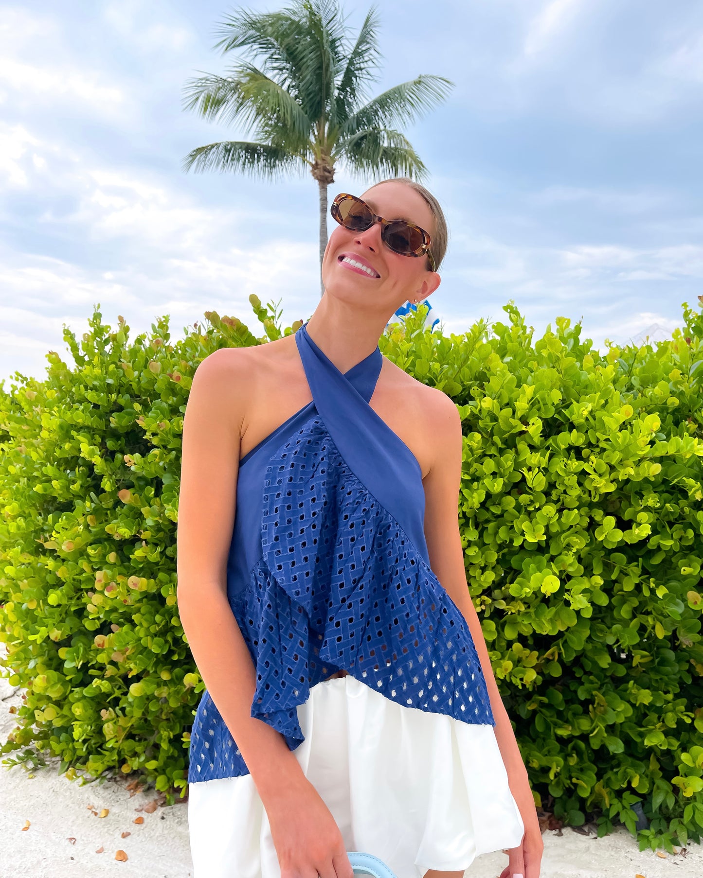 Navy Tide Eyelet Halter TOP