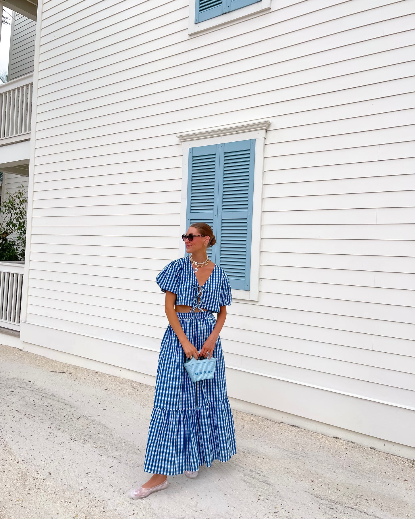 Tie Puff Sleeve Maxi Skirt Set - Multi Blue Check