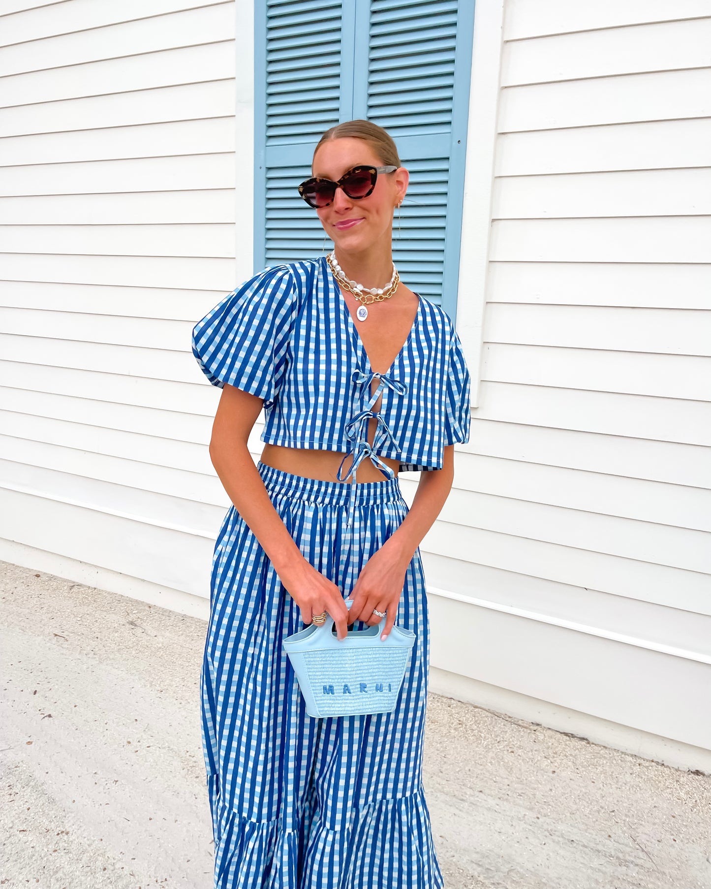 Tie Puff Sleeve Maxi Skirt Set - Multi Blue Check