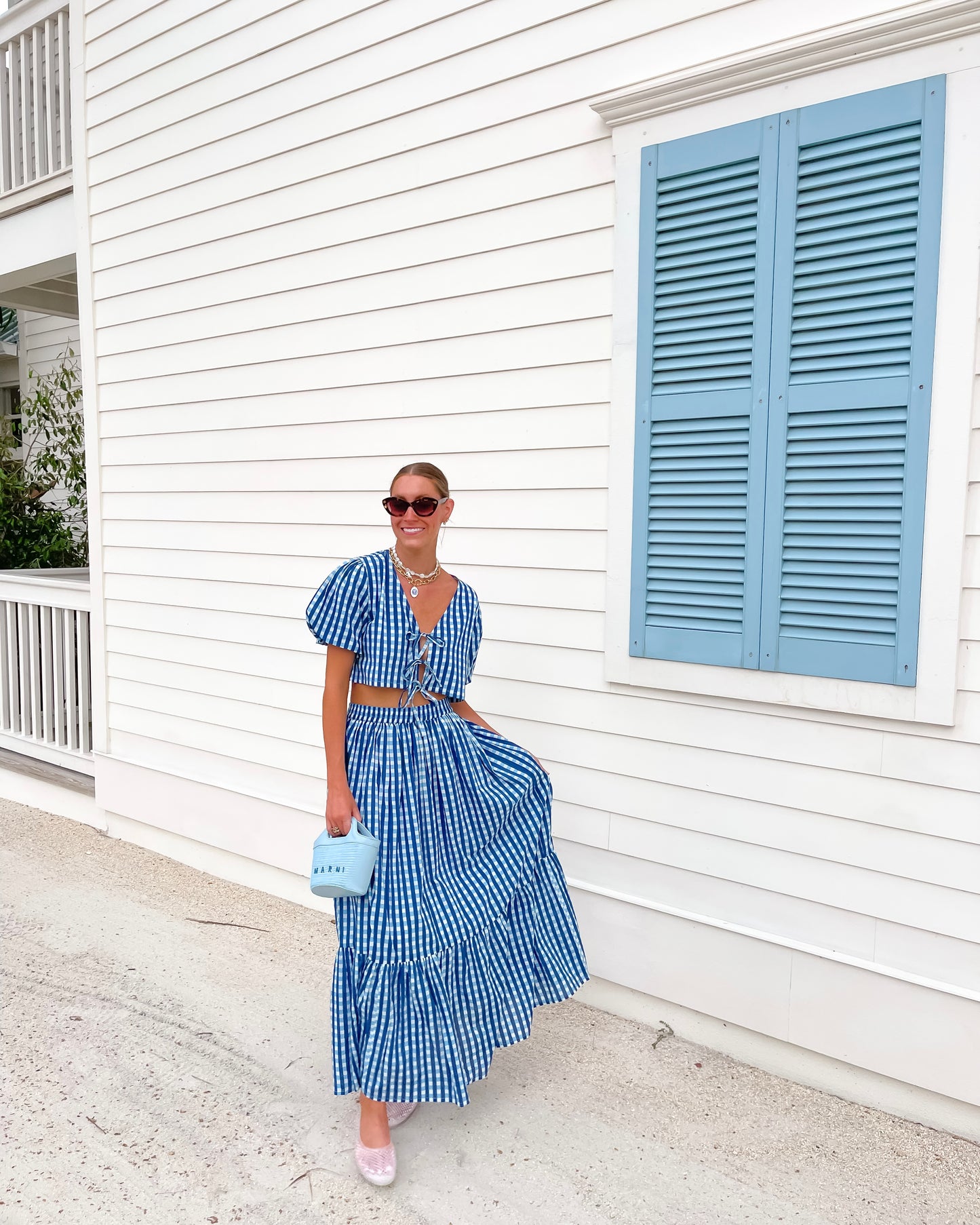 Tie Puff Sleeve Maxi Skirt Set - Multi Blue Check
