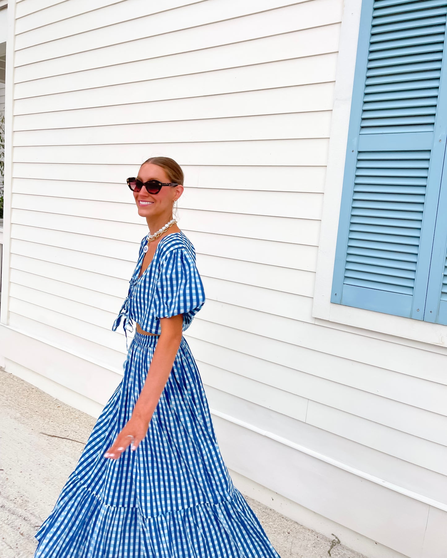 Tie Puff Sleeve Maxi Skirt Set - Multi Blue Check