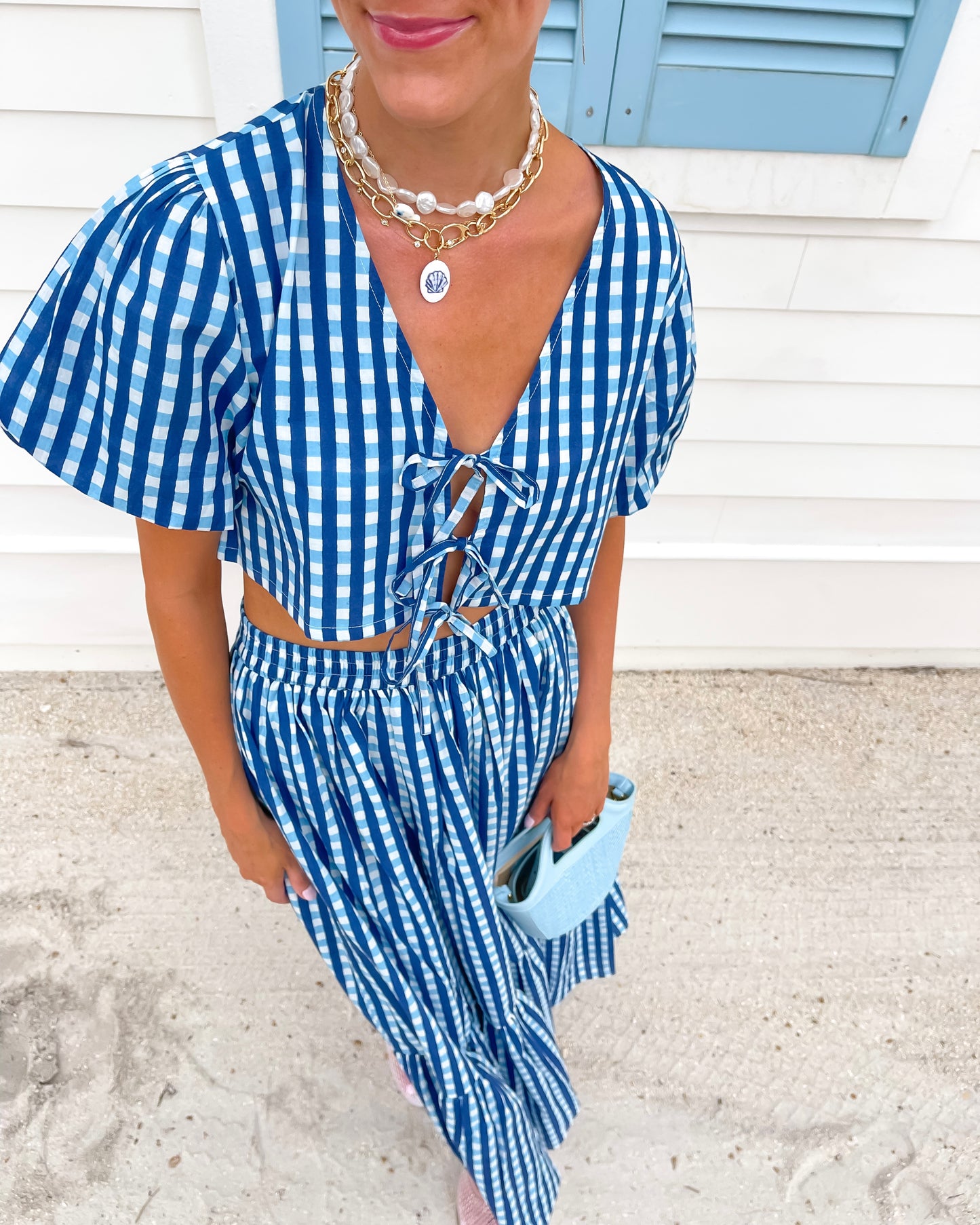 Tie Puff Sleeve Maxi Skirt Set - Multi Blue Check