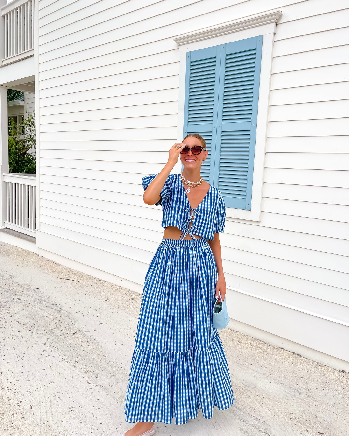 Tie Puff Sleeve Maxi Skirt Set - Multi Blue Check